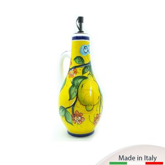 Bottiglia per Olio, cm.20, con manico e versatoio, decoro limone con fondo giallo.
