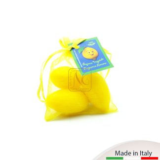 Confezione di 3 saponi a forma e fragranza di limone in sacchetto con cartoncino