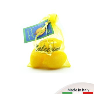 Confezione di 3 saponi a forma e fragranza di limone in sacchetto personalizzato con cartoncino
