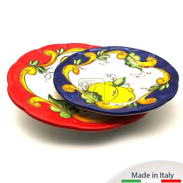 Piatto-da-tavolo-pianoDecoro-Limone-Barocco Vari piatti piani, da tavola, con decoro limone-barocco e vari colori.