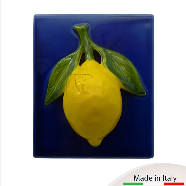 placca-blu-con-limone-singolo Placca murale blu, cm.13x16, con limone singolo con foglie. Ideale sia per uso interno che esterno.